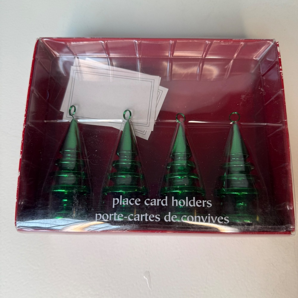 Pier 1 Imports Christmas Tree Holiday Place Card Holders Green Metallic Set of 4